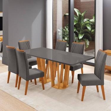 Imagem de Conjunto Sala de Jantar 6 Lugares Tampo de Vidro/mdf Espacio Mel/Grafite/Cinza