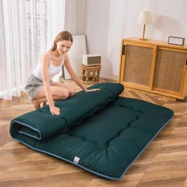 Imagem de MAXYOYO Colchão de chão japonês, colchão futon, almofada de dormir espessa, dobrável, futon de chão para adultos, tapete de tatame, dormitório, espreguiçadeira, verde-escuro, tamanho queen