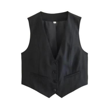 Imagem de Colete Feminino Preto E Branco Cropped Com Decote Em V Sem Mangas, Mod