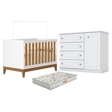 Imagem de Berço Americano Flip Branco Acetinado Savana Reller E Cômoda Infantil Americano Branco Hp E Colchão Gazin - Henn