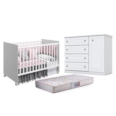 Imagem de Berço Nacional Mel Branco Acetinado - Reller E Cômoda Infantil Americano Branco Hp E Colchão Gazin - Henn
