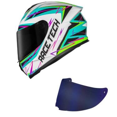 Imagem de Capacete Race Tech Hit Spark Branco e Verde Mais Viseira Azul Tamanho: