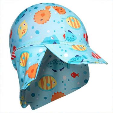 Imagem de Boné Praia Bebê e Infantil Proteção UV 50+ Peixinhos Azul Tip Top, 3-4
