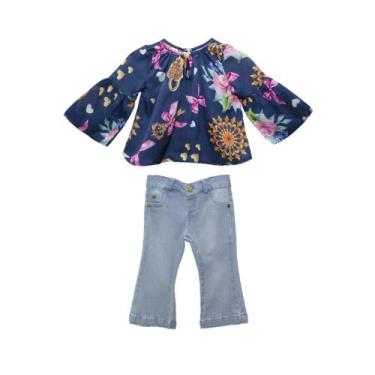 Imagem de Conjunto de Bata e Calça Flare Jeans - Gira Baby, 3, Azul marinho