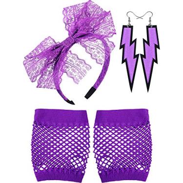 Imagem de Acessórios de fantasia dos anos 80 com renda e faixa de cabeça neon brincos sem dedos luvas arrastão (roxo)