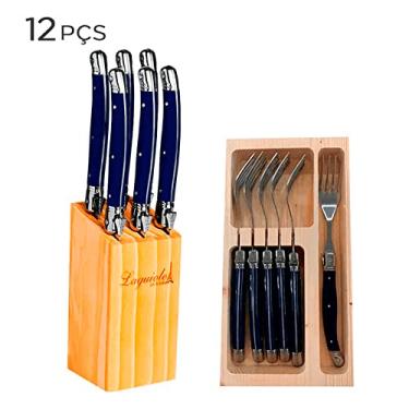 Imagem de Conjunto Cepo de Facas e Garfo de Aço Inox Laguiole Azul 12PÇS