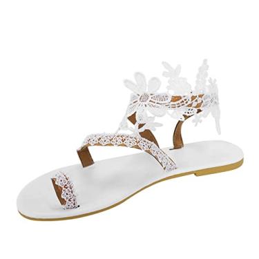 Imagem de Sandálias planas femininas brancas dedo do pé floral moda confortável cor sólida casual vintage sapatos de praia para mulheres sandálias tamanho 5, Branco, 7.5 3X-Narrow