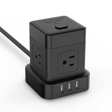 Imagem de Baykul Cubo de tomada com 4 tomadas, 3 portas USB (3 USB-A), cabo de extensão de 1,5 m, protetor contra sobretensão, régua de tomada plana com USB, casa, cozinha, escritório, viagem, preto