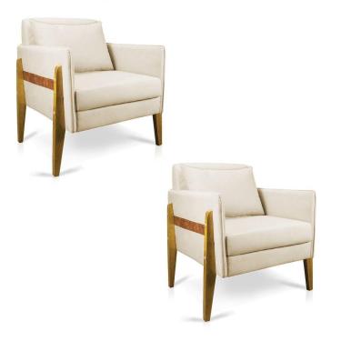 Imagem de Kit 02 Poltronas Lana Suede Base De Madeira - D`Rossi Bege