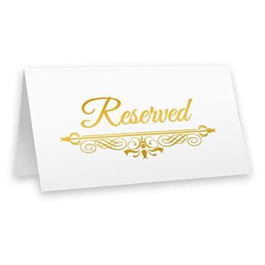 Imagem de Placa de mesa reservada para papel alumínio dourado de casamento, 20 unidades de tenda de mesa, cartões de lugar impressos a quente impresso nos dois lados (cartão de renda reservado dourado)