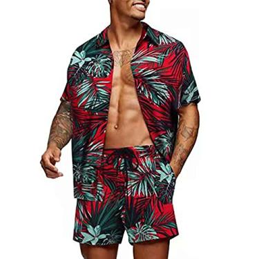 Imagem de Conjuntos de camisas havaianas com estampa floral verão masculino manga curta e cordão calça curta conjunto de 2 peças terno respirável, C, M (busto: 113cm)
