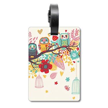 Imagem de Ilustração Animais Ramos Flores Corujas Mala Etiqueta Cartão de Bagagem Pendurado Etiqueta Scutcheon, Multicolorido.