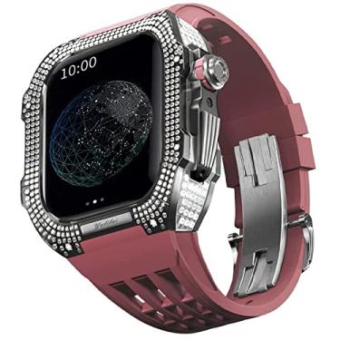 Imagem de TONECY Pulseira de borracha bisel de titânio para Apple Watch 7/6/5/4/SE Apple Mod Watch acessório de substituição titânio luxo capa compatível com série IWatch 44mm com ferramenta