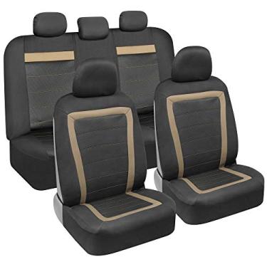 Imagem de CarXS FreshMesh Capas de assento de carro, conjunto completo com detalhes em bege – Conjunto de capa de assento frontal e traseiro com design moderno sem lateral, ajuste universal para carros, caminhões, vans e SUVs
