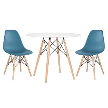 Imagem de Loft7, Kit - Mesa redonda Eames 90 cm branco + 2 cadeiras Eiffel Dsw Turquesa