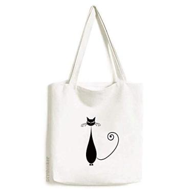 Imagem de Adorável bolsa de lona preta para amantes de gatos com desenho de animal bolsa de compras casual