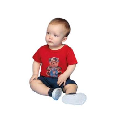 Imagem de Conjunto Bebê Menino Camiseta Vermelha Urso E Bermuda Azul Marinho Lis