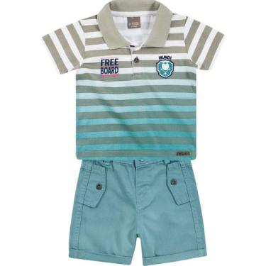 Imagem de Conjunto Bebê Brandili Camiseta Polo e Bermuda - Em Meia Malha e Sarja - Cinza e Azul