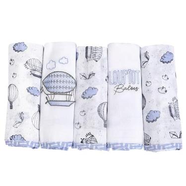 Imagem de Fralda de Pano Bordado com Bainha Kit 5 Unidades Minasrey Loupiot Temas (Azul)