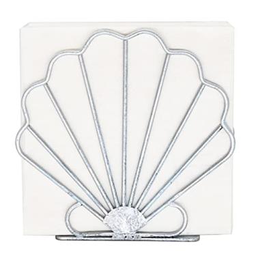 Imagem de OwlGift Porta-guardanapos Oceanic, porta-guardanapos com tema náutico com design de conchas, decoração de organização de guardanapos de praia para mesa, centro de decoração costeira – azul prateado