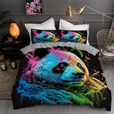 Imagem de Jogo de cama Panda King com pintura colorida, conjunto de 3 peças para decoração de quarto, capa de edredom de microfibra macia 264 x 233 cm e 2 fronhas, com fecho de zíper e laços