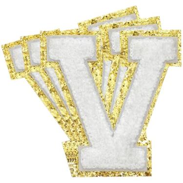 Imagem de 3 Pçs Remendos de letras de chenille com glitter dourado de ferro em remendos universitários remendos bordados de chenille remendos costurados para roupas chapéu bolsas jaquetas camisa (ouro, V)
