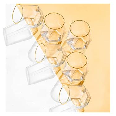 Imagem de XKXKKE Conjunto de 6 taças de vinho Diamond de 293 ml, taças de vidro de borda dourada sem haste modernas para servir festas, casa, bar, restaurantes, transparente, pacote com 6