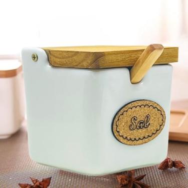 Imagem de Saleiro Porcelana de Mesa com Tampa de Pinus e Colher de Bambu 250gr