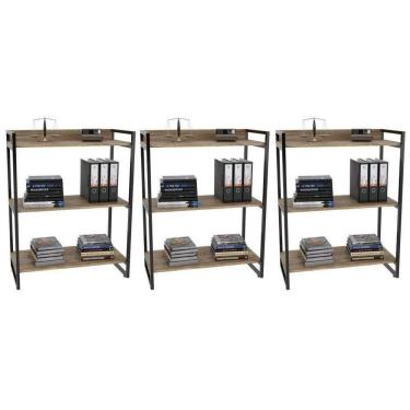 Imagem de Kit 3 Estantes Livreiro Multiuso Prisma Estilo Industrial 80cm 3 Prateleiras C08 Carvalho