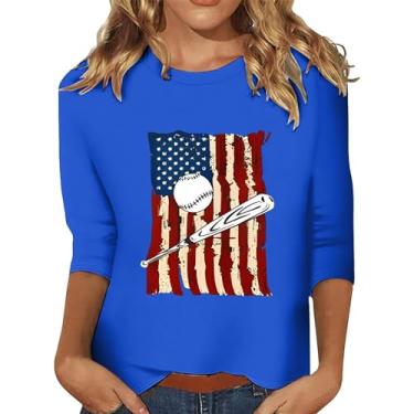 Imagem de 4th of July Camisetas femininas 4th of July Shirts Star Stripes 3/4 manga bandeira americana blusas soltas casuais, Azul #3, G