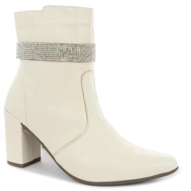 Imagem de Bota Feminina Strass Salto Alto Grosso Bico Fino Confortável Cano Curto Napa Off White-Feminino