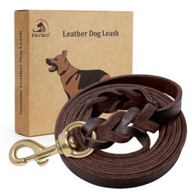 Imagem de (S:1.3cm x 1.7m) - Fairwin Braided Leather Dog Leash 1.8m - K9 Walking Training Leads for German Shepherd