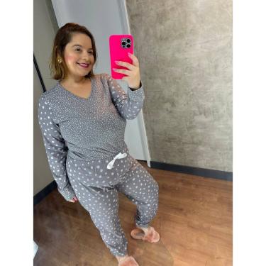 Imagem de Pijama Manga Longa Delicado Em Poá na cor cinza em poliester e algodão