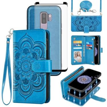 Imagem de Asuwish Capa de celular para Samsung Galaxy S9 Plus carteira com zíper destacável com protetor de tela de vidro temperado, alça transversal, porta-cartões de flores S9+ 9S 9+ S 9 9plus S9plus mulheres