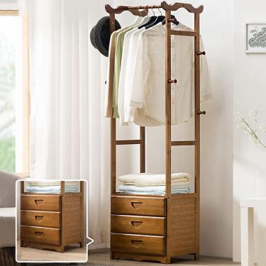 Imagem de Cabide de corredor 4 em 1, multifuncional, independente, de bambu, suporte de madeira, trilho para roupas com 8 ganchos e gavetas de 3 camadas para bolsa, guarda-chuva, cachecóis, marrom, 52