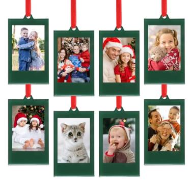 Imagem de UNIQOOO 8 porta-retratos de acrílico verde Instax de Natal 8,6 x 5,4 cm, enfeites polaroid, molduras em branco dupla face para filme Polaroid, enfeites de fotos pendurados para árvore de Natal