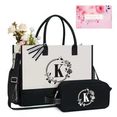 Imagem de TOPDesign Sacola de lona com inicial personalizada com zíper e 5 bolsos, conjunto de presente monograma para mulheres, aniversário dela, Preto e branco, Large