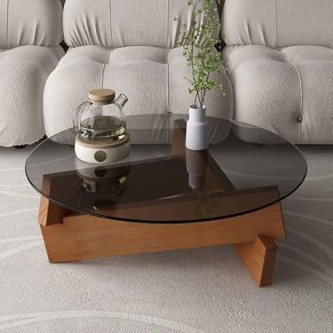 Imagem de Mesa de centro redonda de vidro com pernas de madeira maciça, mesa de centro de madeira de vidro nogueira para sala de estar, mesa de centro moderna de meados do século, mesa de centro circular