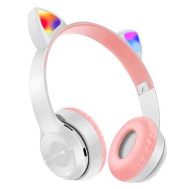 Imagem de Headset Gato Orelha Luz Fone Infantil com fio e Bluetooth Branco - KAP