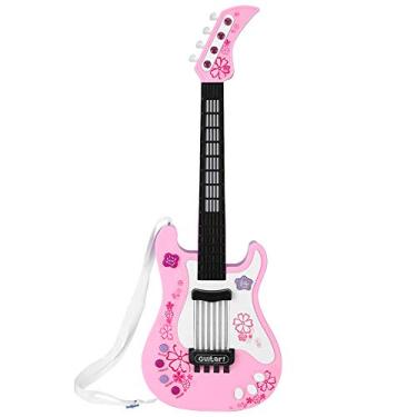 Imagem de Guitarra de Brinquedo Infantil, Brinquedo de Instrumento Musical Multifuncional de Imitação de Baixo Rock para Crianças (Rosa)