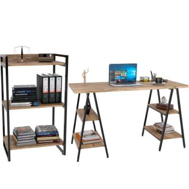Imagem de Kit Mesa Cavalete 135 cm com Estante 3 Prateleiras Estilo Industrial F