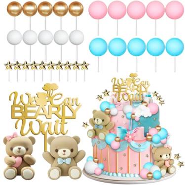 Imagem de 33 Pieces Gender Reveal Cake Toppers, Bear Cake Decorations Includes We Can Bearly Wait Cake Topper, Stars, Pearl Balls, Pink and Blue Bear for Baby Shower He or She Gender Reveal Party Supplies