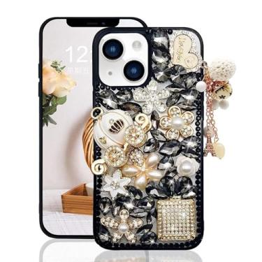 Imagem de Guppy Compatível com iPhone 15 Bling Glitter Case, luxo diamante strass pedra preciosa 3D perfume garrafa e flor pedra preciosa abóbora carro torre pingente pérola macio TPU capa traseira capa transparente