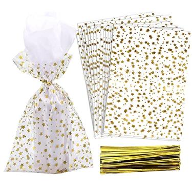 Imagem de COQOFA 100 peças com estampa de estrela, 10 x 23 cm, sacos de presente para celofane e celofane, sacos transparentes para biscoitos de doces, sacos de plástico para armazenamento de guloseimas com