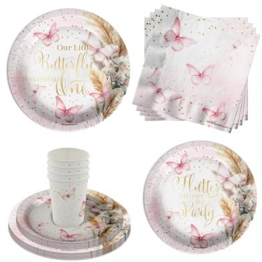 Imagem de Conjunto de utensílios de mesa de 64 peças para festa de aniversário Butterfly Girl inclui pratos de papel grandes de 23 cm, pratos de sobremesa, copos e guardanapos, kit para 16