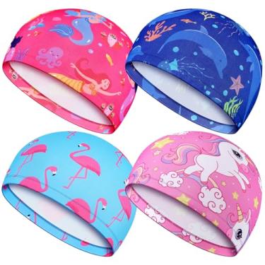 Imagem de PLMMOUT 4 toucas de natação para crianças, lindos bonés de natação para crianças, meninos, meninas, tecido de tecido, touca de natação infantil, touca de banho para cabelos longos e curtos