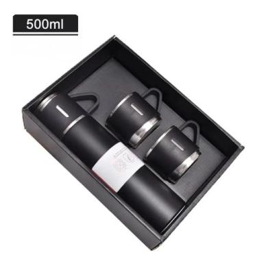 Imagem de Kit Garrafa Térmica Vacuum 500ml Com 3 Xícaras - Flask, Preto