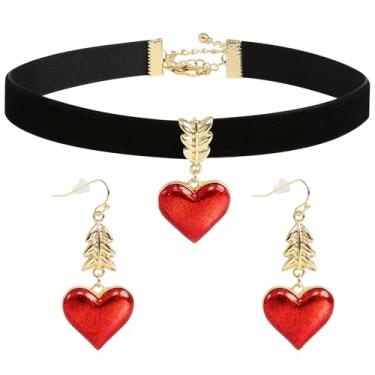 Imagem de Colar de coração vermelho com brincos para mulheres, gargantilha de veludo preto, acessórios de bijuteria para fantasia de Halloween para rainha, Zinco, Sem Pedra Preciosa