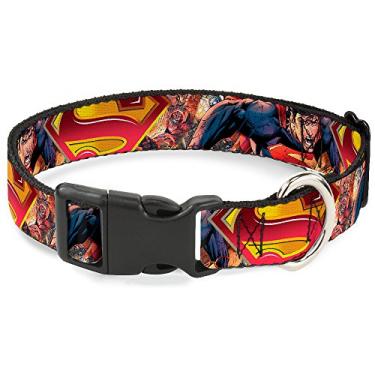 Imagem de Buckle-Down Coleira com clipe de plástico – Super-Homem Unchained Explosion Action Pose/Wraith/Shield Golds/Reds – 3,8 cm de largura – Serve para pescoço de 40,6 a 58,4 cm – Médio