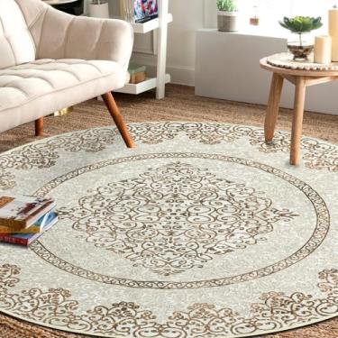 Imagem de Easy-Going Tapete redondo de 1,8 m, lavável, boêmio, neutro, círculo, tapete para sala de estar, antiderrapante, tapete de quarto, leve, estampa floral, marrom, vintage, para sala de jantar, cozinha,